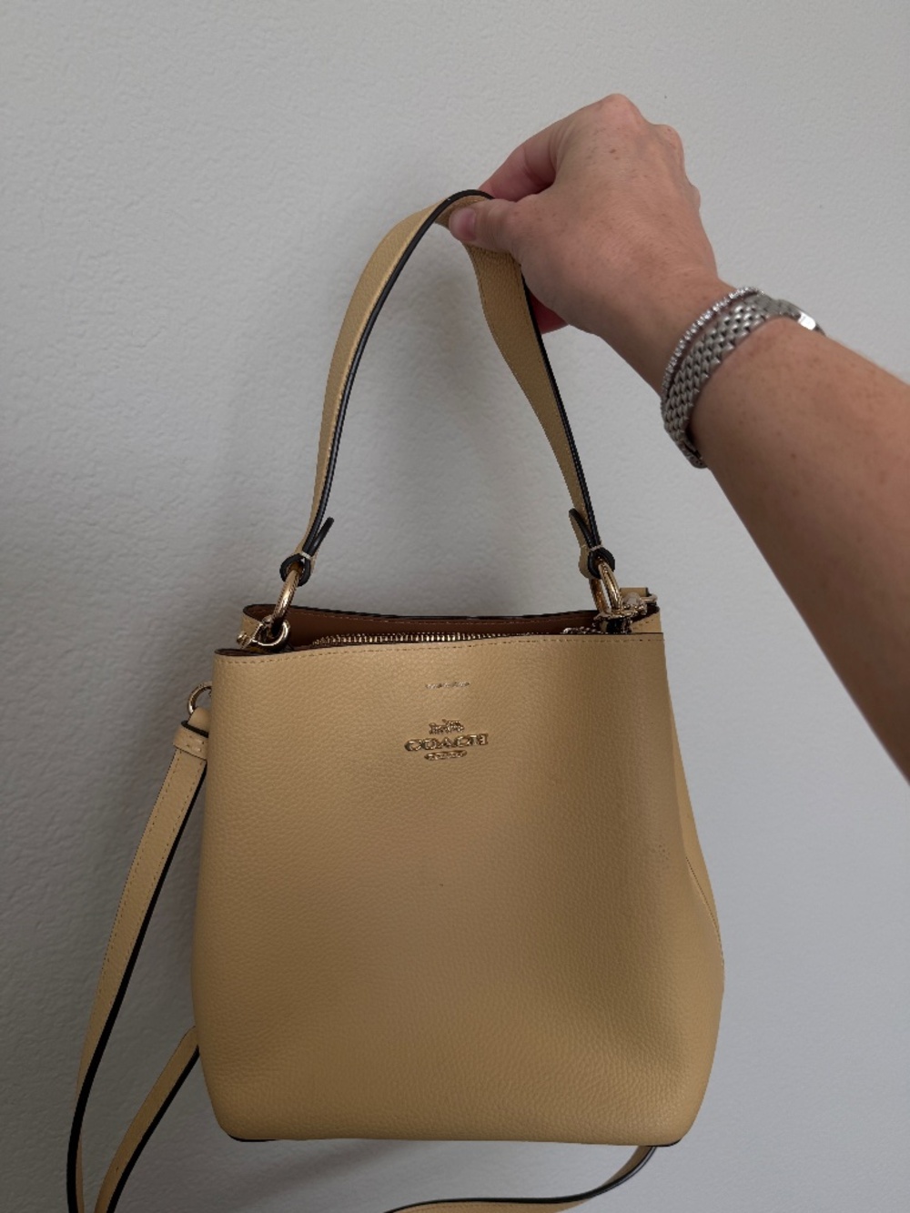Pale Yellow Tan Pebbled Leather Bucket Shoulder Crossbody Bag
